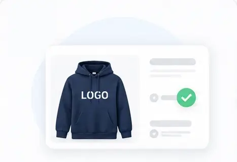 Digital product proof showing a navy hoodie with a logo and a green approval check
