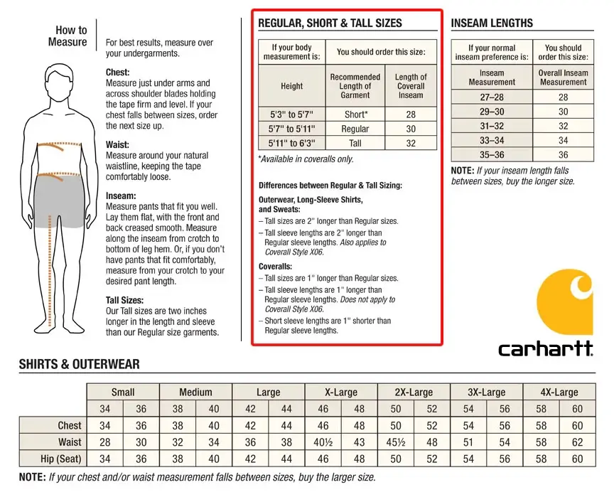 Carhartt General Sizing Chart Carhartt General Sizing Chart