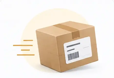 Cardboard shipping box sealed with tape and marked with a barcode label