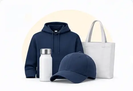 Navy hoodie and cap, stainless steel water bottle, and white tote bag